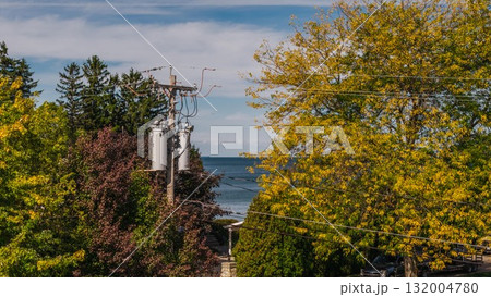 American utility pole with mounted transformers among autumn trees near a coastal road in the United States, showing details of local electrification infrastructure. American utility pole with mounted transformers among autumn trees near a coastal road in the United States, showing details of local electrification infrastructure. 132004780