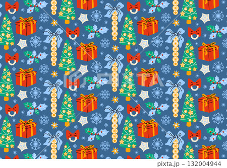 Christmas and New Year seamless pattern in cartoon style. Holiday gifts and decor, bows, winter, snowflakes, Christmas tree, toys and cozy atmosphere. Seasonal textile. Printable wrapping paper design 132004944