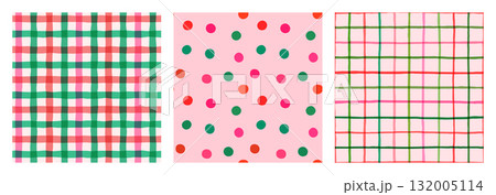 Cute seamless vector pattern polka dots and plaid set, Pink, red and green geometric backgrounds for Christmas Cute seamless vector pattern polka dots and plaid set, Pink, red and green geometric backgrounds for Christmas 132005114