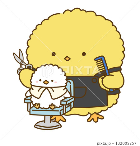 ひよこの美容師がヘアカットをしている様子 132005257