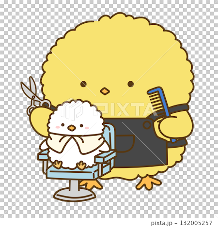 ひよこの美容師がヘアカットをしている様子 132005257