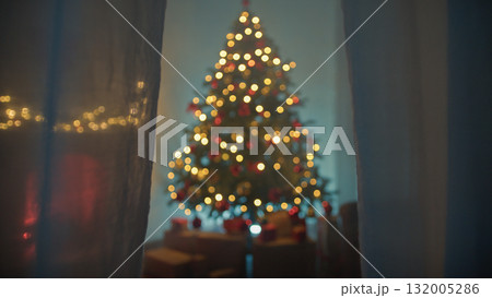 Christmas Night With Window Curtain And Passage Through 132005286