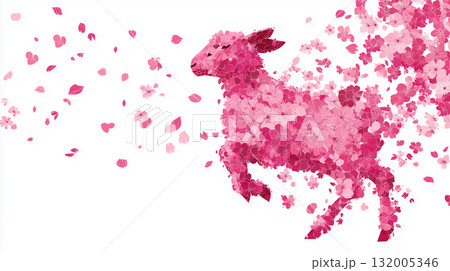 桜の花びらで描かれた優雅な水彩画風イラスト - 年賀状素材2027 羊 132005346