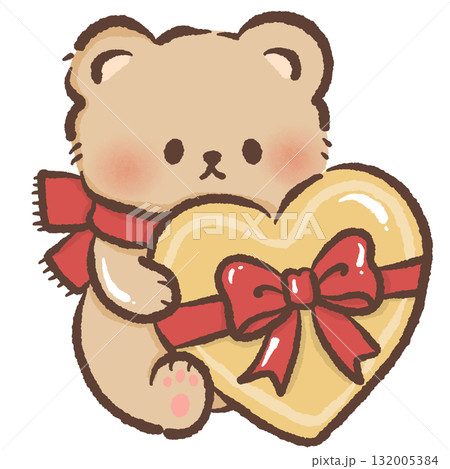 Cute brown bear holding big golden heart cookie with red ribbon bow kawaii Christmas dessert illustration cozy festive winter bakery art sweet holiday design 132005384