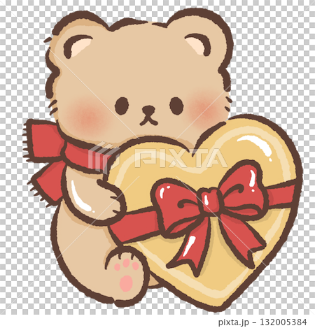 Cute brown bear holding big golden heart cookie with red ribbon bow kawaii Christmas dessert illustration cozy festive winter bakery art sweet holiday design 132005384