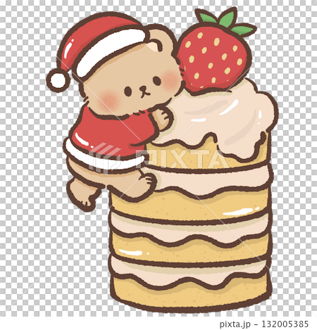 Adorable brown bear in Santa hat climbing tall layer cake topped with strawberry kawaii Christmas dessert illustration cozy festive winter bakery art sweet design 132005385