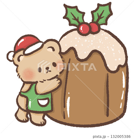 Tiny brown bear in Santa hat and green apron standing beside big Christmas pudding with holly kawaii dessert illustration cozy festive winter bakery art cute design Tiny brown bear in Santa hat and green apron standing beside big Christmas pudding with holly kawaii dessert illustration cozy festive winter bakery art cute design 132005386
