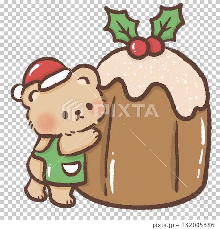 Tiny brown bear in Santa hat and green apron standing beside big Christmas pudding with holly kawaii dessert illustration cozy festive winter bakery art cute design Tiny brown bear in Santa hat and green apron standing beside big Christmas pudding with holly kawaii dessert illustration cozy festive winter bakery art cute design 132005386