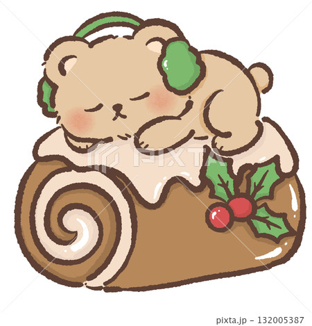 Cute brown bear wearing green earmuffs sleeping on Christmas yule log cake with holly kawaii holiday dessert illustration cozy festive winter bakery art sweet design Cute brown bear wearing green earmuffs sleeping on Christmas yule log cake with holly kawaii holiday dessert illustration cozy festive winter bakery art sweet design 132005387