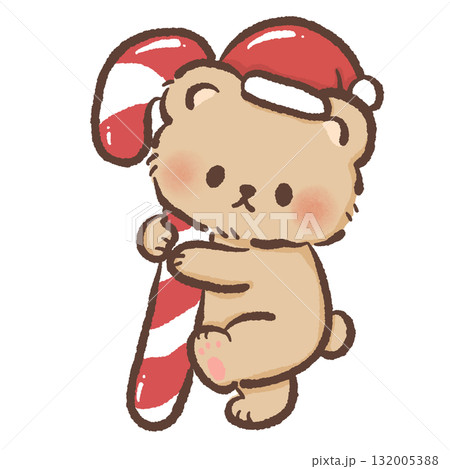 Adorable brown bear in Santa hat hugging big red candy cane kawaii Christmas sweet illustration cozy festive winter holiday art cute dessert bakery design Adorable brown bear in Santa hat hugging big red candy cane kawaii Christmas sweet illustration cozy festive winter holiday art cute dessert bakery design 132005388