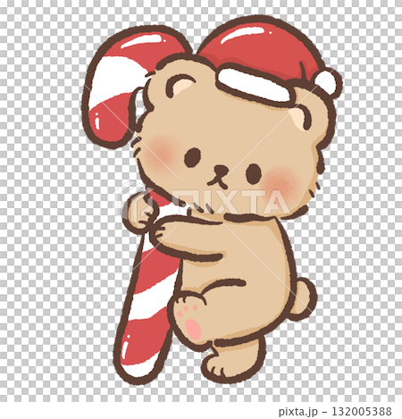 Adorable brown bear in Santa hat hugging big red candy cane kawaii Christmas sweet illustration cozy festive winter holiday art cute dessert bakery design 132005388