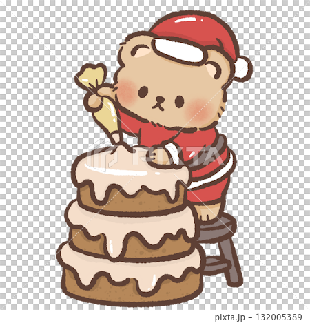 Tiny brown bear in Santa suit decorating tall layer cake with frosting kawaii Christmas bakery illustration cozy festive winter holiday dessert art cute design Tiny brown bear in Santa suit decorating tall layer cake with frosting kawaii Christmas bakery illustration cozy festive winter holiday dessert art cute design 132005389