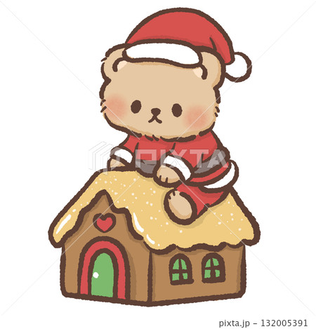 Adorable brown bear in Santa suit sitting on gingerbread house roof kawaii Christmas bakery illustration cozy festive winter holiday sweet dessert design 132005391