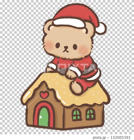 Adorable brown bear in Santa suit sitting on gingerbread house roof kawaii Christmas bakery illustration cozy festive winter holiday sweet dessert design 132005391
