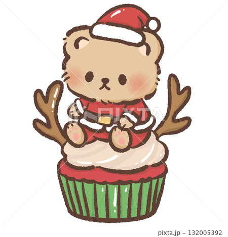 Cute brown bear in Santa outfit sitting on Christmas cupcake with antler decoration kawaii dessert illustration cozy festive winter bakery art sweet holiday design 132005392
