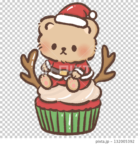 Cute brown bear in Santa outfit sitting on Christmas cupcake with antler decoration kawaii dessert illustration cozy festive winter bakery art sweet holiday design 132005392
