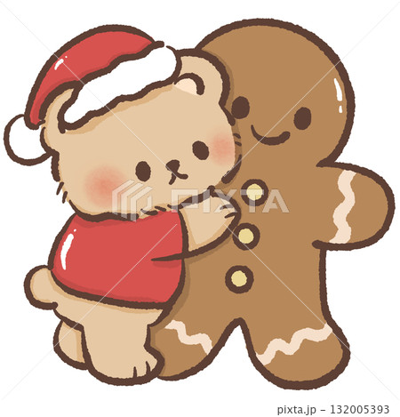 Tiny brown bear in Santa hat hugging giant gingerbread man cookie kawaii Christmas bakery illustration cozy festive winter holiday dessert art cute design 132005393