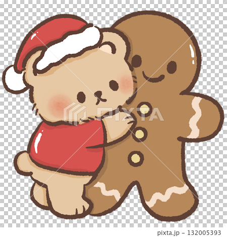 Tiny brown bear in Santa hat hugging giant gingerbread man cookie kawaii Christmas bakery illustration cozy festive winter holiday dessert art cute design 132005393