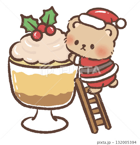 Adorable tiny bear in Santa suit climbing ladder to reach giant trifle dessert with holly kawaii Christmas bakery illustration cozy festive winter holiday art sweet design Adorable tiny bear in Santa suit climbing ladder to reach giant trifle dessert with holly kawaii Christmas bakery illustration cozy festive winter holiday art sweet design 132005394
