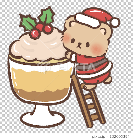 Adorable tiny bear in Santa suit climbing ladder to reach giant trifle dessert with holly kawaii Christmas bakery illustration cozy festive winter holiday art sweet design Adorable tiny bear in Santa suit climbing ladder to reach giant trifle dessert with holly kawaii Christmas bakery illustration cozy festive winter holiday art sweet design 132005394