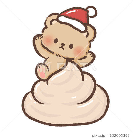 Sweet brown bear in Santa hat sitting on big swirl of whipped cream kawaii Christmas dessert illustration cozy festive winter bakery art cute holiday design Sweet brown bear in Santa hat sitting on big swirl of whipped cream kawaii Christmas dessert illustration cozy festive winter bakery art cute holiday design 132005395