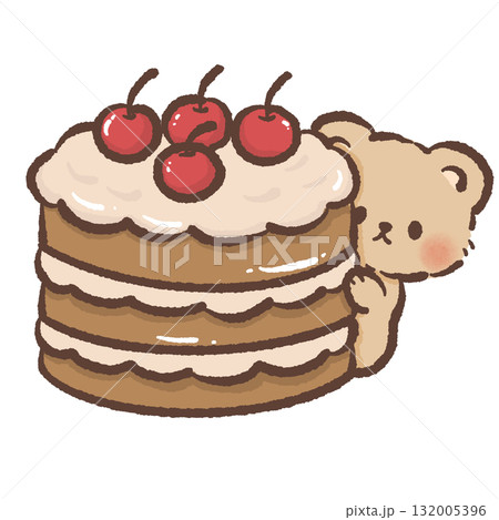 Adorable brown bear peeking behind layered sponge cake with cherries kawaii dessert illustration cute bakery Christmas sweet art cozy festive winter design 132005396