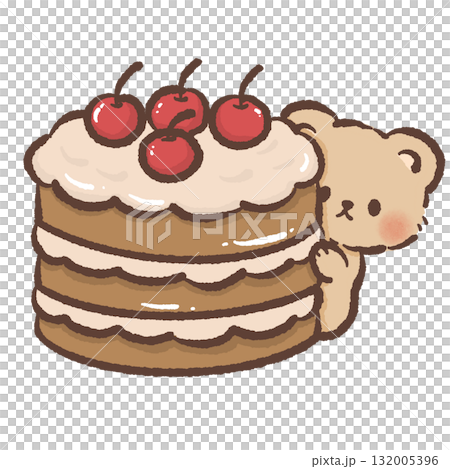 Adorable brown bear peeking behind layered sponge cake with cherries kawaii dessert illustration cute bakery Christmas sweet art cozy festive winter design 132005396