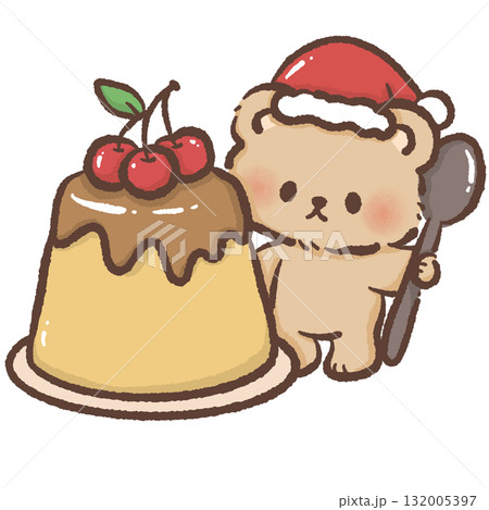Tiny brown bear in Santa hat holding spoon beside big pudding topped with cherries kawaii Christmas dessert illustration cozy festive winter sweet holiday design 132005397