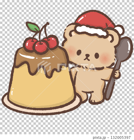 Tiny brown bear in Santa hat holding spoon beside big pudding topped with cherries kawaii Christmas dessert illustration cozy festive winter sweet holiday design 132005397