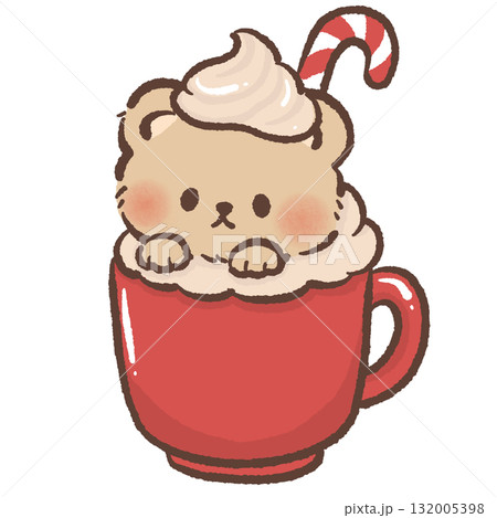 Cute brown bear sitting in red cup of hot cocoa with whipped cream and candy cane kawaii Christmas dessert illustration cozy winter sweet holiday art festive design Cute brown bear sitting in red cup of hot cocoa with whipped cream and candy cane kawaii Christmas dessert illustration cozy winter sweet holiday art festive design 132005398