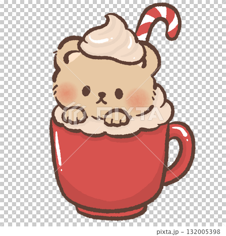 Cute brown bear sitting in red cup of hot cocoa with whipped cream and candy cane kawaii Christmas dessert illustration cozy winter sweet holiday art festive design Cute brown bear sitting in red cup of hot cocoa with whipped cream and candy cane kawaii Christmas dessert illustration cozy winter sweet holiday art festive design 132005398