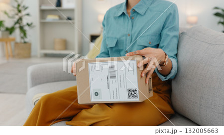 House, ecommerce or hands of woman with a box from delivery from online shopping for clothes or fashion. Closeup, shipping sale or customer with cargo, gift or e commerce product ready to check order House, ecommerce or hands of woman with a box from delivery from online shopping for clothes or fashion. Closeup, shipping sale or customer with cargo, gift or e commerce product ready to check order 132005663