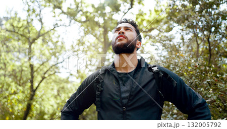 Nature, thinking and a man hiking in forest or woods for workout, training and exercise. Athlete person, hiker or backpacker outdoor for fitness or trekking adventure with trees, lost and wellness Nature, thinking and a man hiking in forest or woods for workout, training and exercise. Athlete person, hiker or backpacker outdoor for fitness or trekking adventure with trees, lost and wellness 132005792