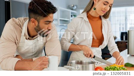 Couple, cooking and knife for vegetables in kitchen, home and teaching with romance, love and care with chat. Man, woman and happy to prepare food together, show and learning for diet with nutrition 132005831