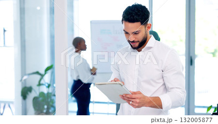 Business, networking and man with tablet in office management, research and workshop agenda. Online, information and happy businessman with digital app, schedule and website ideas for media agency. 132005877