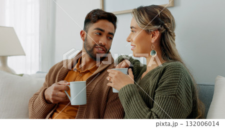 Coffee, love and couple on sofa relax with conversation, bond or communication at home. Romance, care and man with woman in living room with tea, speaking or share gossip, chill or day off in house Coffee, love and couple on sofa relax with conversation, bond or communication at home. Romance, care and man with woman in living room with tea, speaking or share gossip, chill or day off in house 132006014