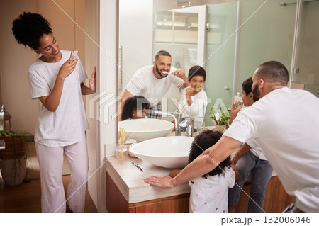 Kids and dad brushing teeth in bathroom, reflection in mirror and mom with phone taking picture at bedtime. Love, happy family and man and children with toothbrush and woman with smartphone in home. Kids and dad brushing teeth in bathroom, reflection in mirror and mom with phone taking picture at bedtime. Love, happy family and man and children with toothbrush and woman with smartphone in home. 132006046