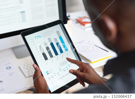 Search, data analysis or black man hands on tablet in digital agency for company growth, strategy review or KPI graph chart in office. Startup worker for SEO analytics or planning company sale report 132006437