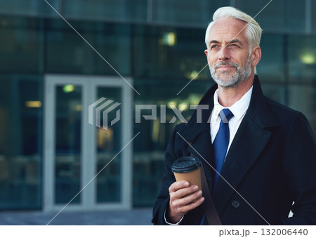 Mature businessman, thinking and coffee in city for corporate management, leadership and travel. Male boss in urban street with vision, mission and mindset for motivation, trust and executive ideas 132006440