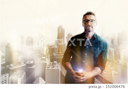 Businessman, portrait smile and city in double exposure with serious career ambition, goals or success. Confident male architect employee smiling for idea or architecture buildings on overlay Businessman, portrait smile and city in double exposure with serious career ambition, goals or success. Confident male architect employee smiling for idea or architecture buildings on overlay 132006476