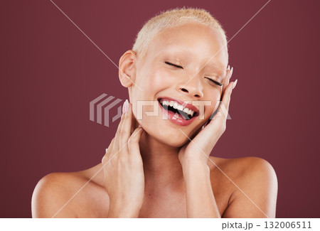 Eyes closed, face and beauty skincare of woman in studio isolated on a red background. Dermatology aesthetic, makeup cosmetics and happy female model satisfied after facial treatment for healthy skin 132006511