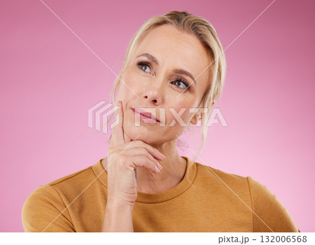 Senior woman, thinking and ideas for future, opportunity and fantasy with studio background. Female, mature lady and old person with wellness, thoughts and ponder with wonder, creative and backdrop 132006568