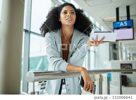 Black woman, ticket and confused at airport waiting for travel, departure or business trip. African American female traveler holding document, boarding pass or phone in missed airline or flight delay 132006641