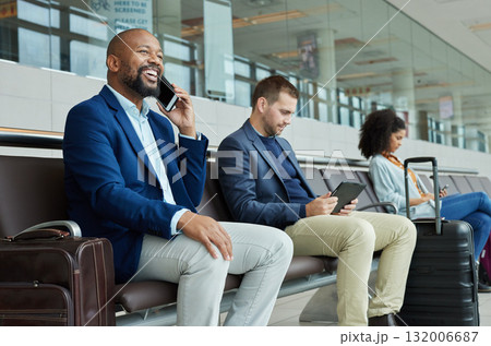 Black man, phone call at airport with travel for work and smile, communication and business trip. Waiting on flight, journey and travelling for job, businessman has conversation with connectivity Black man, phone call at airport with travel for work and smile, communication and business trip. Waiting on flight, journey and travelling for job, businessman has conversation with connectivity 132006687