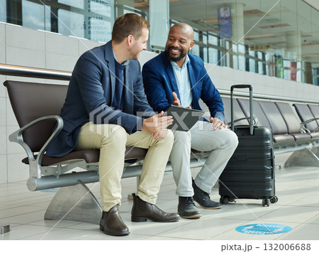 Airport, tablet and business people or partner flight booking, online travel news or digital schedule management app. Communication, lobby and tech of international black man with immigration advice Airport, tablet and business people or partner flight booking, online travel news or digital schedule management app. Communication, lobby and tech of international black man with immigration advice 132006688