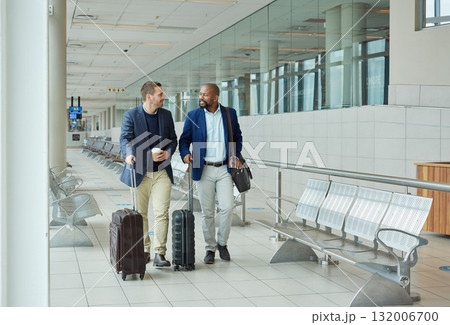 Travel for business, team at airport and luggage, men and flight for work trip, conference or training seminar with accountant. Walk, talk and diversity with finance convention and partnership 132006700