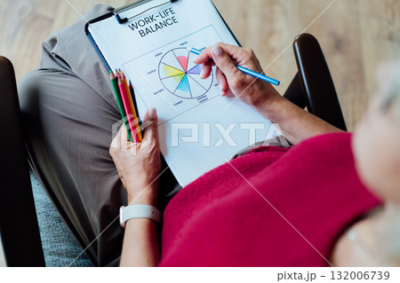 Woman drawing work-life balance wheel sitting on armchair at cozy dark home interior. Self-reflection, life planning for next new year. Personal Year review. Coaching tools. Finding Balance in Life Woman drawing work-life balance wheel sitting on armchair at cozy dark home interior. Self-reflection, life planning for next new year. Personal Year review. Coaching tools. Finding Balance in Life 132006739