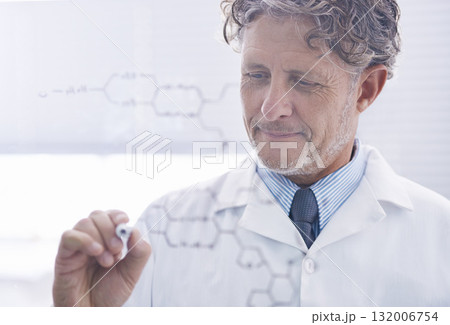Research, scientist man writing formula in laboratory and on glass board for expert chemical analysis. Particles or futuristic, pharmaceutical test and science doctor with medical innovation of DNA 132006754