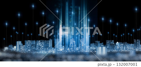Data, information technology and innovation in a city at night for cyber security or digital networking. Communication, overlay and cloud computing with special effects over a futuristic urban town 132007001