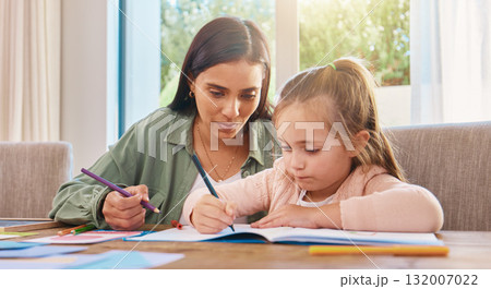 Education, mother and girl with homework, writing and lesson at home, focus and learning. Family, parents and mama with female child, daughter and happy kid with notes, fun or growth with development Education, mother and girl with homework, writing and lesson at home, focus and learning. Family, parents and mama with female child, daughter and happy kid with notes, fun or growth with development 132007022